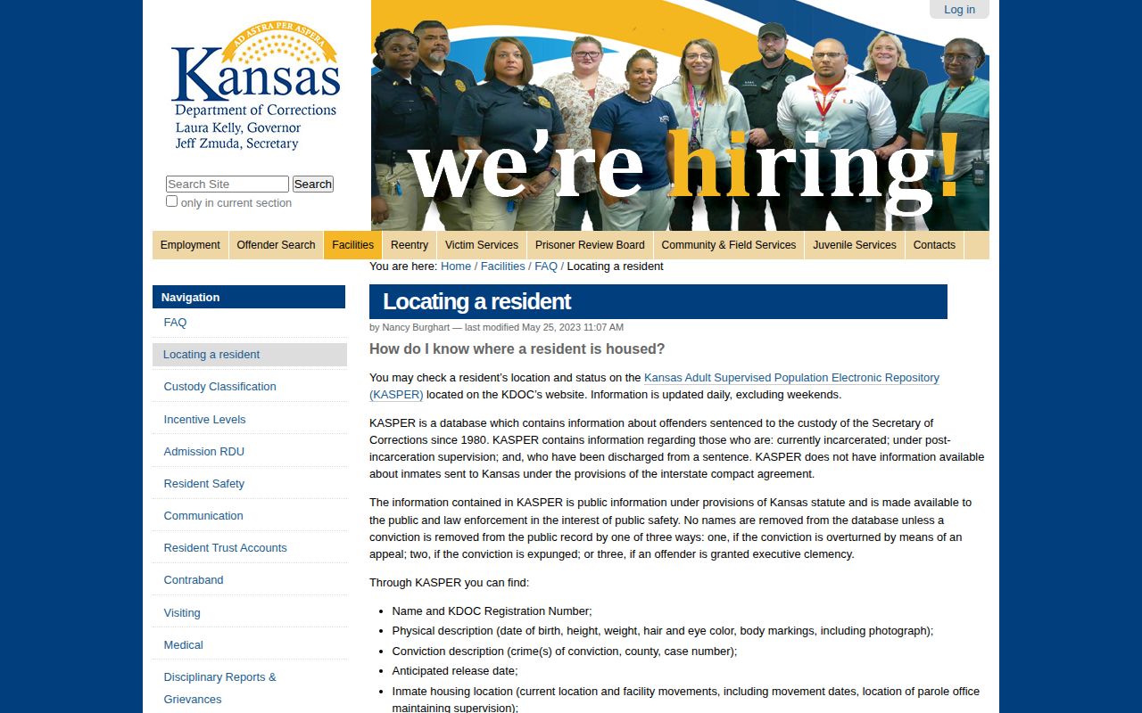 Kansas Department of Corrections locating information