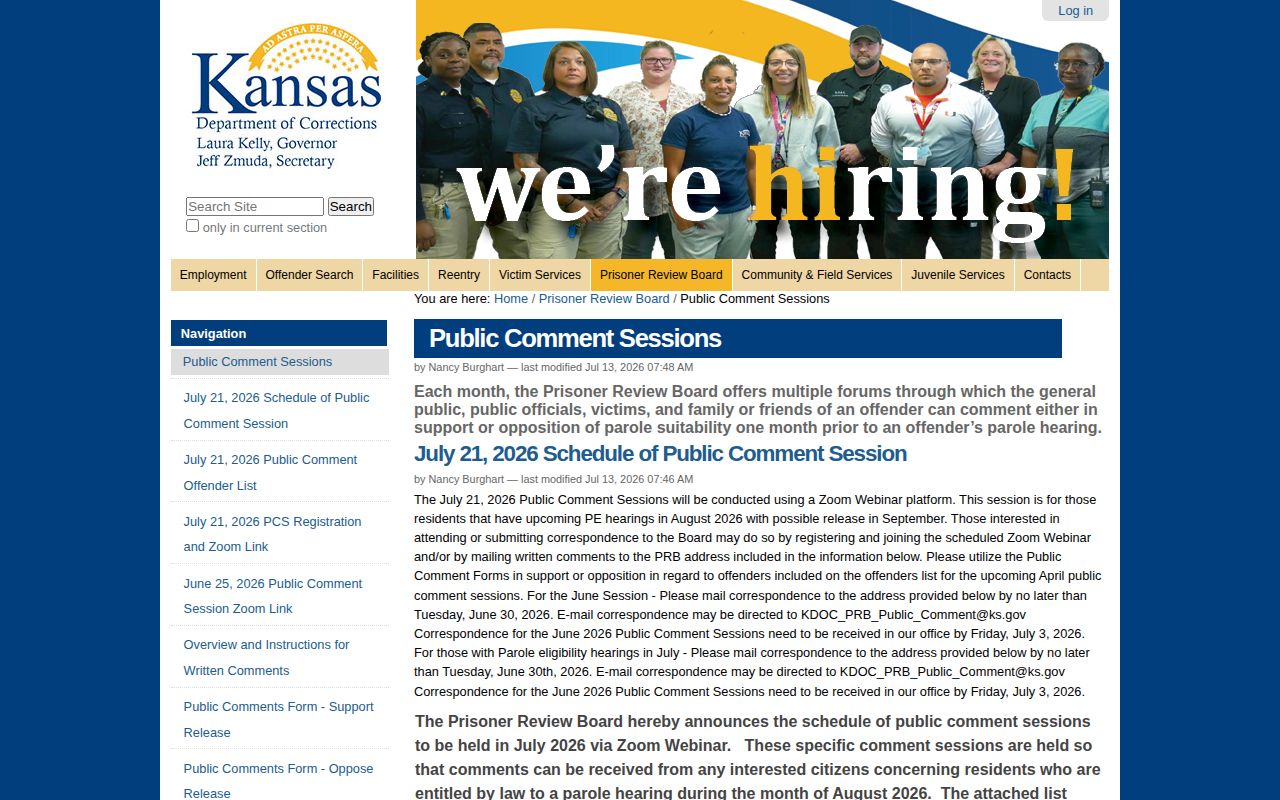 Kansas Prisoner Review Board public comment calendar