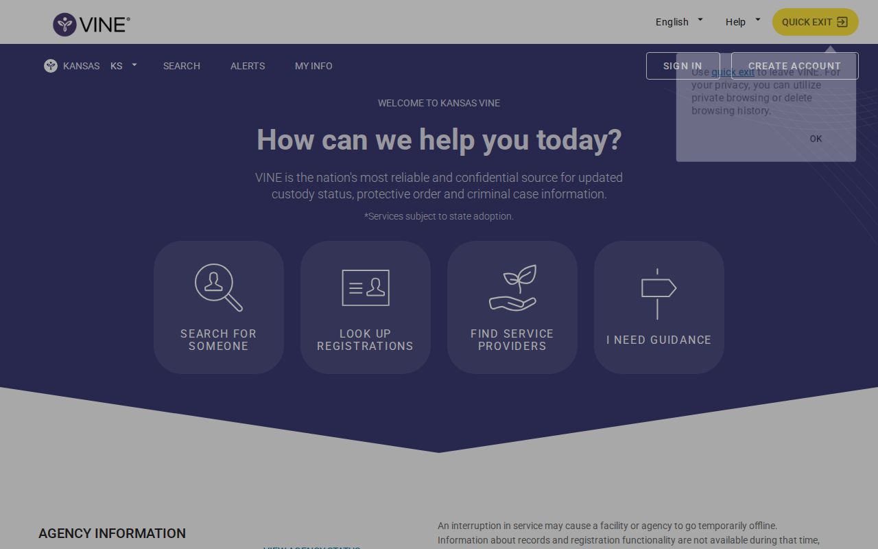 Kansas VINELink state search screen